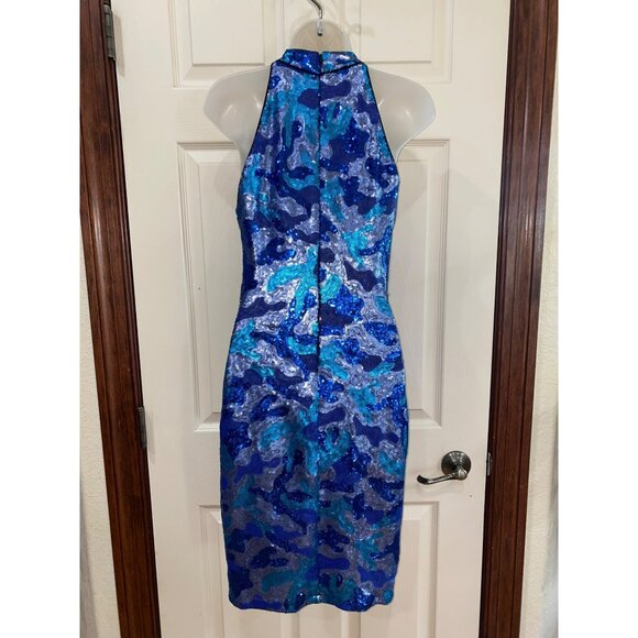 SHO By Tadashi Shoji Blue & Turquoise Sequin Camo Halter Mini Dress 19” Armpit T - Picture 8 of 8
